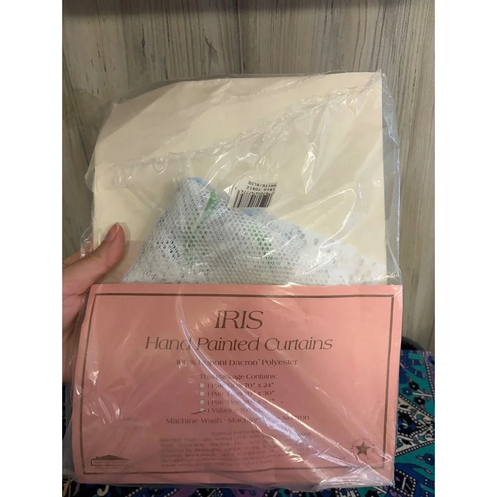 Iris Vintage Hand Painted Lace Window Valance White Blue Flowers 70x12 New